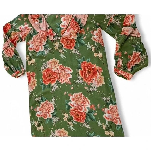 FARM Rio Anthropologie Elinor Tunic Dress Green & Pink Floral Ruffle Size M - Picture 7 of 14